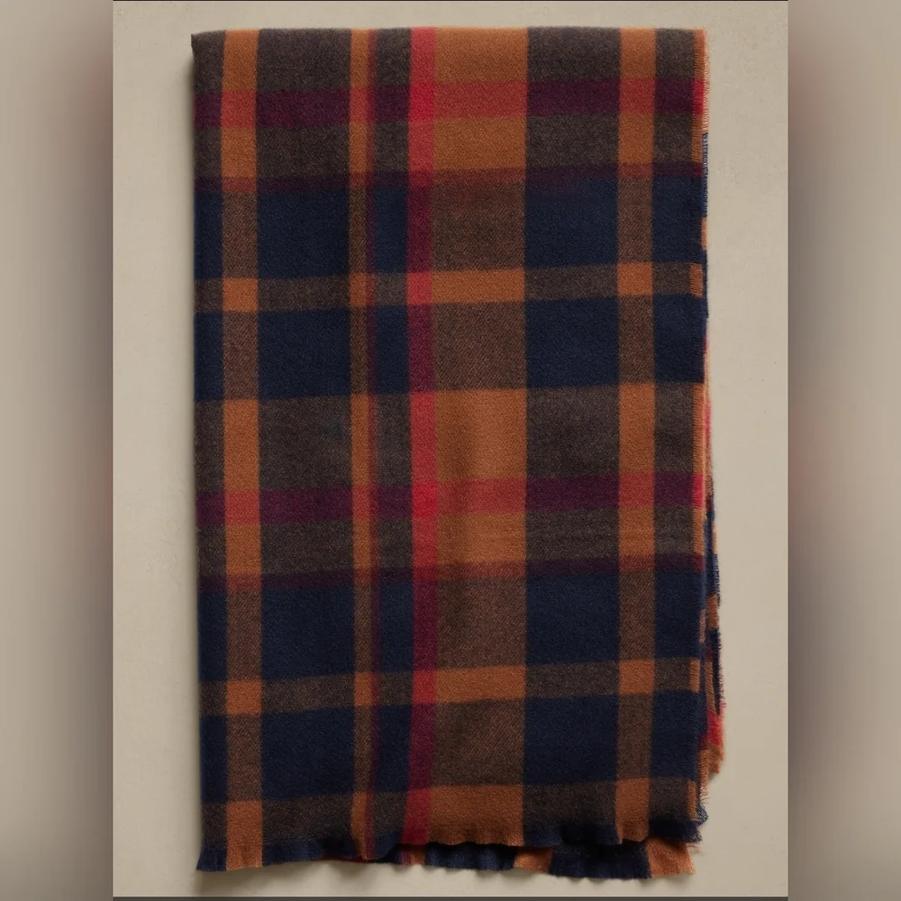 NWT Banana Republic Factory Luxuriously Soft Orange/Navy Blue Plaid Scarf